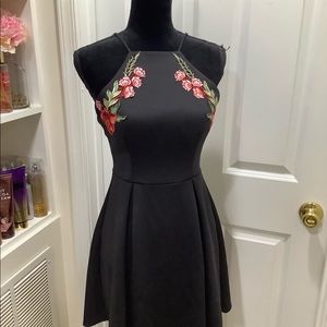 Mini Spaghetti Halter Floral Appliqué Dress